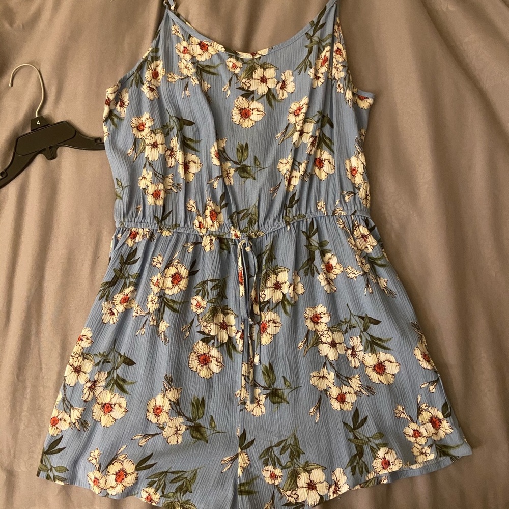 blue romper with floral print